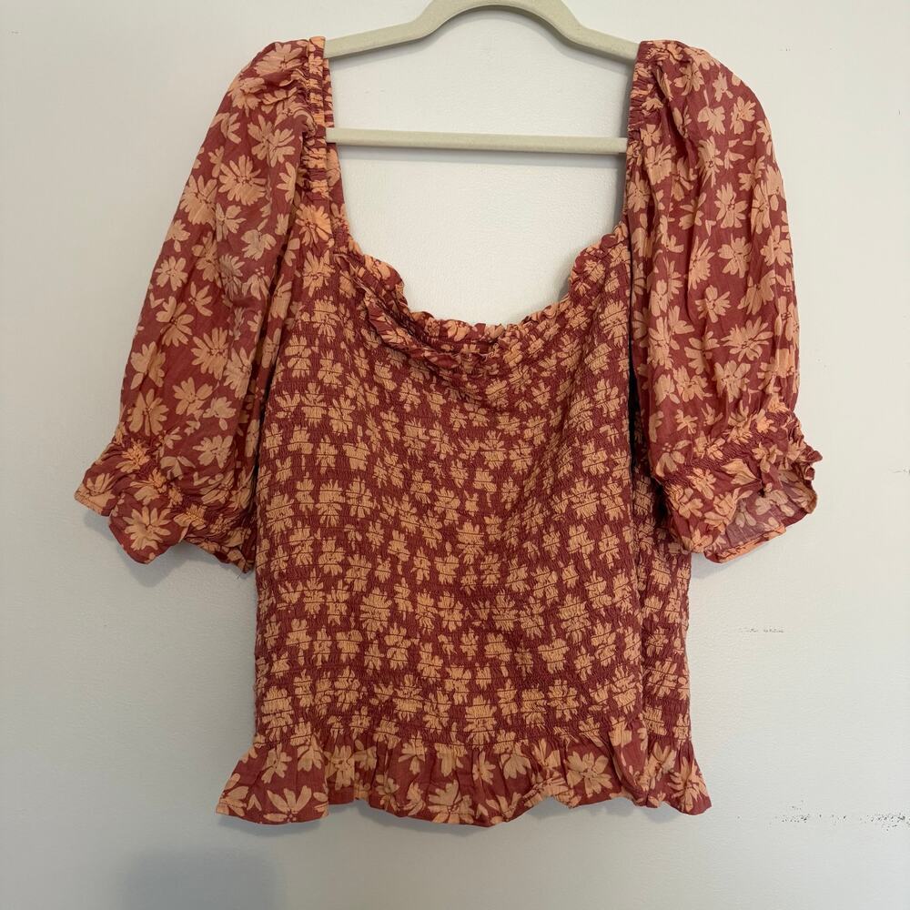Gap Floral Ruched Puff Sleeve Boxy Square Neck Blouse Top Cotton Blend Size‎ XXL